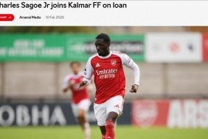 官方：阿森纳21岁前锋萨戈租借加盟瑞典球队卡尔马，租到明年1月